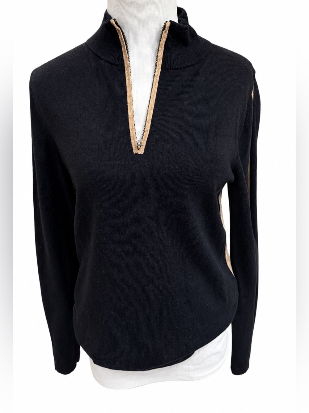 Jones New York Black Half-Zip Sweater with Gold Trim Size Medium